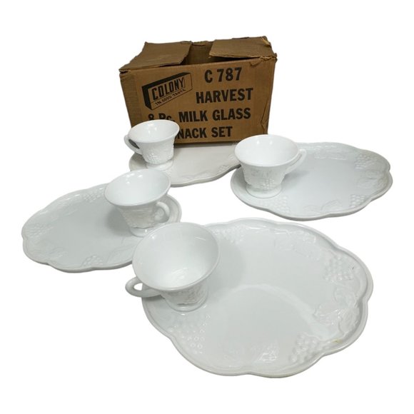 Indiana Colony Tea Cup Plate Milk Glass White Harvest Grape Snack Trays Set of 4 - Picture 1 of 10